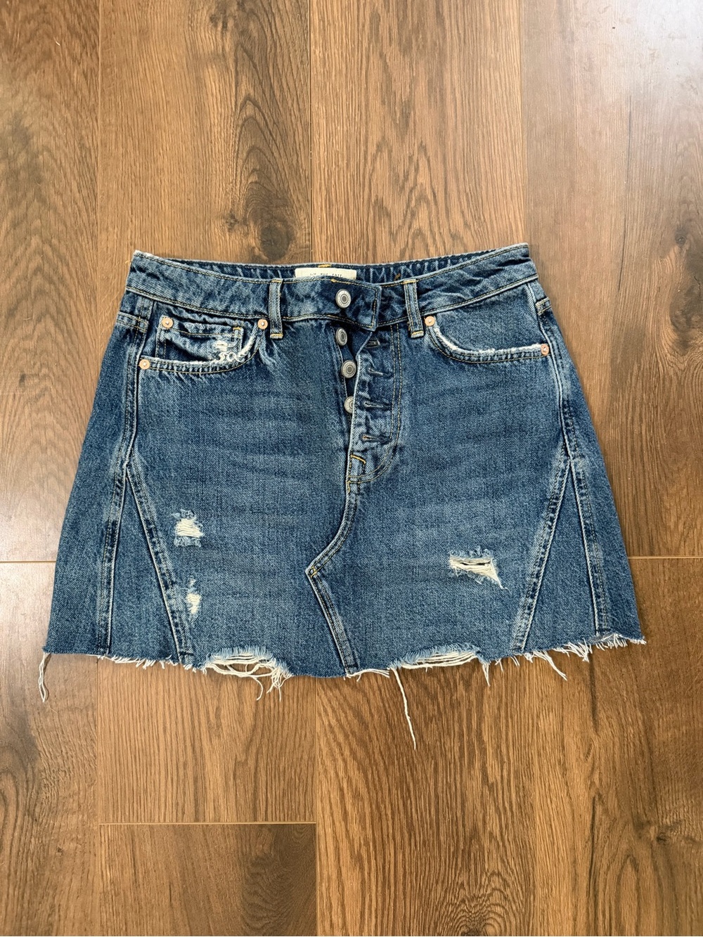 We The Free Distressed Blue Denim Mini Skirt